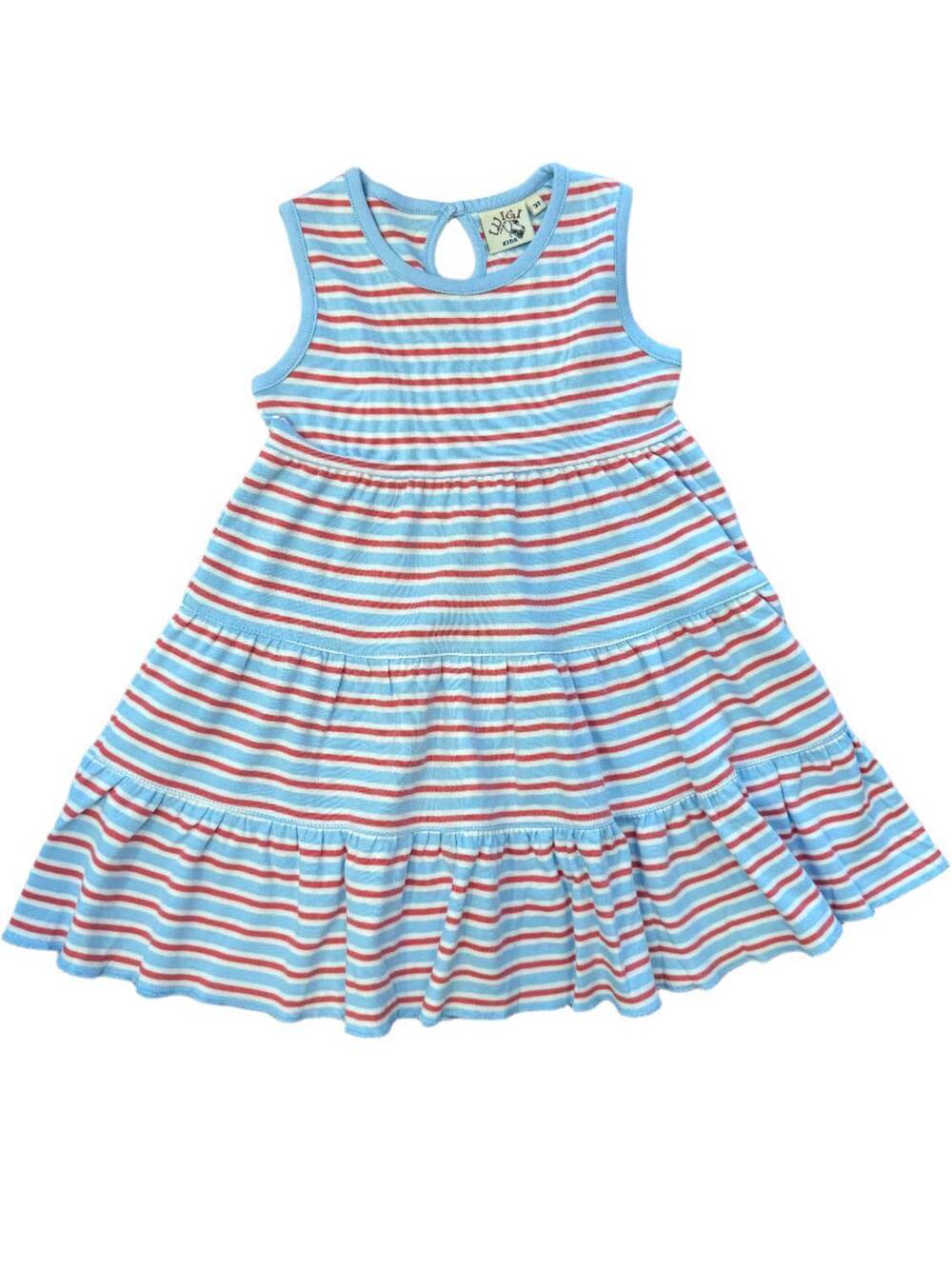 NEW LUIGI KIDS girl's tiered sleeveless dress in salmon and blue stripe